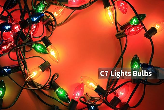 Couah C7 Christmas Light Bulbs C7 Clear Multi-Color Replacement Bulbs（25 Pack） C7 Ceramic Outdoor String Light Replacement Bulbs, C7/E12 Candelabra Base, 5 Watt - Bloomnest