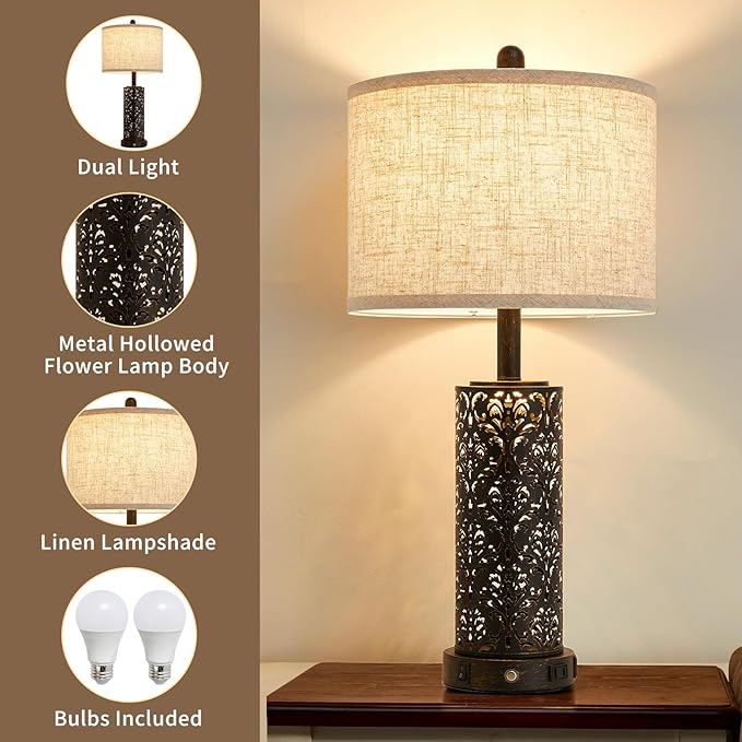 26" Set of 2 Farmhouse Table Lamp, 3-Way Dimmable Touch Control with Nightlight, 2 USB Ports + AC Outlet Vintage Rustic Bedside Lamp for Living Room Bedroom and Nightstand (Black-2 Pack) - Bloomnest