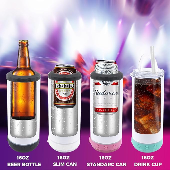 12 Pack 16 oz Sublimation Music Bluetooth Speaker Blank Tumblers Stainless Steels Insulated 4 in 1 Can Cooler Beer Holder with Lid and Straw Metal Slim Coozies for Drinks Bulk - Bloomnest