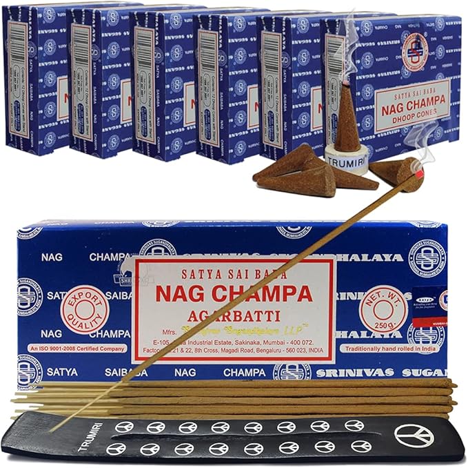Nag Champa Incense Sticks 250g and Cones Variety Pack with Burner Holder Bundle from Satya Incense 250g Trumiri for Smudging and Aroma