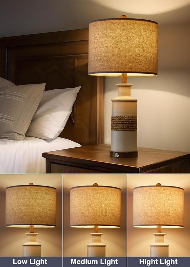 BOBOMOMO 24.5" Farmhouse Boho Table Lamps Set of 2, Hand-Woven Rattan Bedside Lamps with 3-Way Dimmable Touch Control & USB A+C Ports, Nightstand Lamp for Bedroom, Living Room, Corner (Bulbs Included) - Bloomnest
