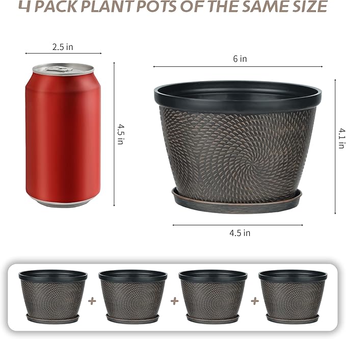 Quarut 4 Pack 6 Inch Flower Pots for Outdoor Indoor, Plastic Plant Pots with Drainage Hole & Saucer, Lightweight Small Flower Pot, Circle Pattern Planters for Garden House planters（Black Copper） - Bloomnest