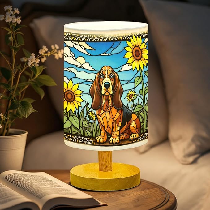 Basset Hound Table Lamp LED 3-Color Pressed Bedside, Dog Shade Lamp with Wood Base for Bedroom Living Room Desk Office - Bloomnest