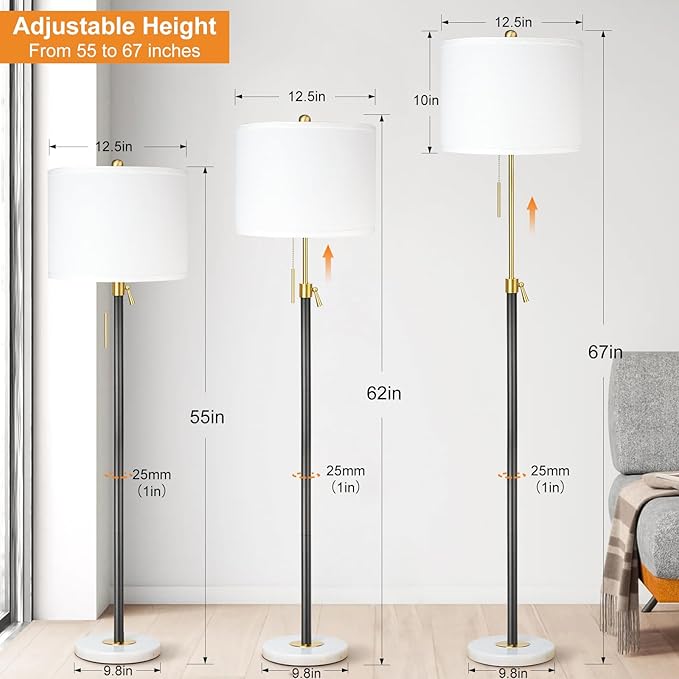 Floor Lamp for Living Room Adjustable Tall Standing Lamp, 3-Way Dimmable Floor Lamp for Bedroom Office, Black Gold Lamp with Marble Base and White Linen Shade - Bloomnest