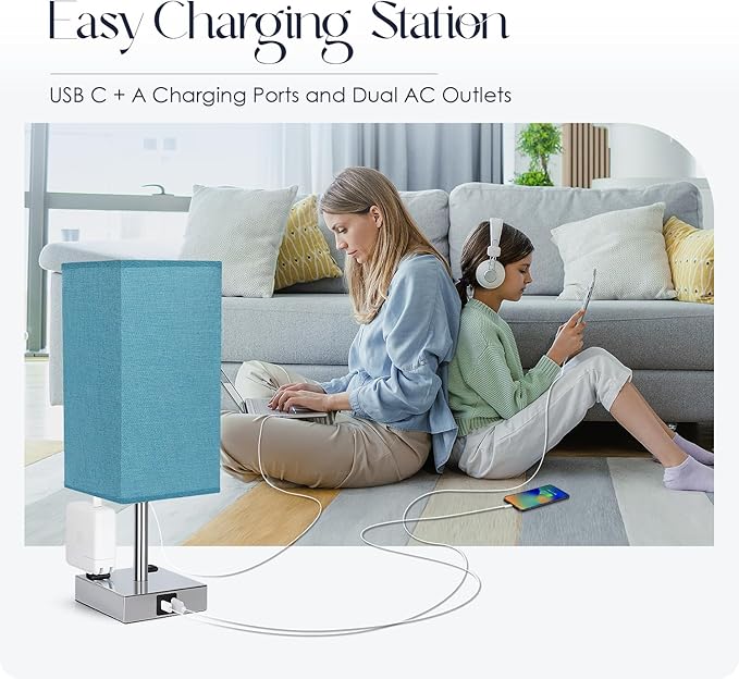 Bedside Lamp with USB Ports - Touch Control Table Lamp for Bedroom with USB C+A Charging Ports & AC Outlets, 3 Way Dimmable Nightstand Light with Flaxen Shade for Living Room (LED Bulb Included, Blue) - Bloomnest