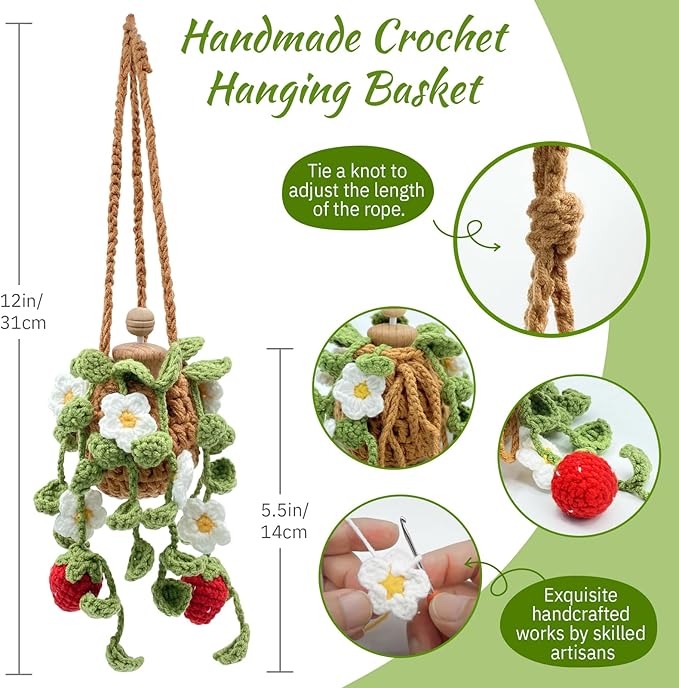 Crochet Car Air Freshener, 15ml Empty Refillable Oil Diffuser Bottle with Hanging Crochet Cute Plant for Car Rearview Mirror Decor Air Freshener Diffuser for Home and Office Decor(Two Strawberry) - Bloomnest