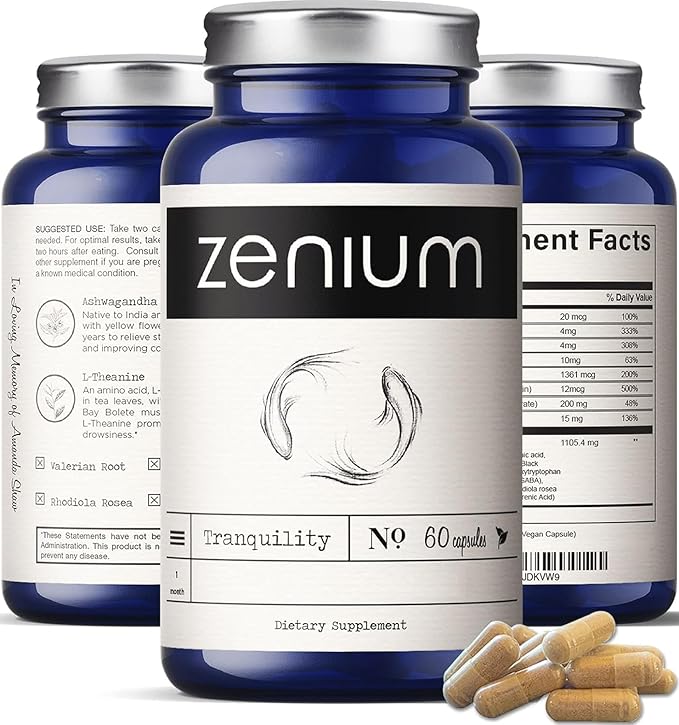 Zenium - Relieve Stress, Tension, Worry, Nervousness, & Irritability | Calm The Mind & Body | Ayurvedic | Natural Relief Supplement | Boosts Mood | Ashwagandha, L-Theanine, GABA, Rhodiola |60 Capsules - Bloomnest
