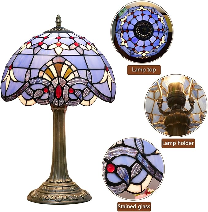 Tiffany Lamp Stained Glass lamp 12 inches Bedside Table Lamps for Living Room Bedroom Dorm Kitchen Home Decor Festival Birthday Gift,Blue Baroque - Bloomnest