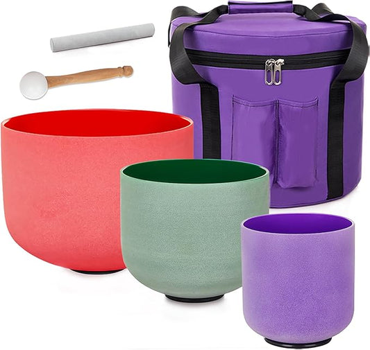 8-12 inch Set of 3 Crystal Singing Bowls 8"B 10"F 12"C Red Green Purple Color Frosted Root Heart Crown Chakra Sound Healing Bowl with 1 Travel Carry Case 1 Mallet Suede 1 Striker 3 O-rings - Bloomnest