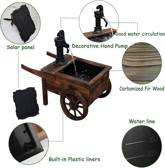 Carbonized Wood Outdoor Freestanding Fountain - Movable Vintage Hand Pump Cart, Solar-Powered Electric Decorative Water Feature for Patio, Garden & Indoor Decoration - Bloomnest