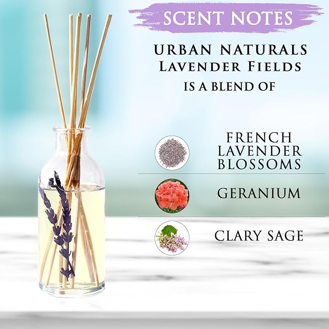 Urban Naturals Lavender Fields Oil Essential Oil Reed Diffuser Set with Real Lavender Stems! French Blossoms, Geranium & Clary Sage | #1 Gift Idea for Aromatherapy & Stress Relief | Vegan | USA Made - Bloomnest