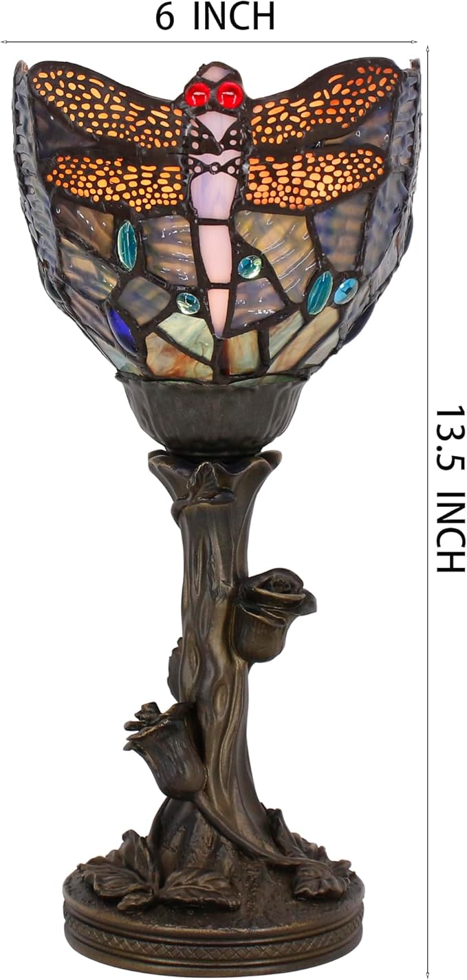 Small Tiffany Lamp Mini Stained Glass Table Lamp Blue Dragonfly Accent Desk Uplight W6 H13.5 Inch Bronze Resin Base - Bloomnest
