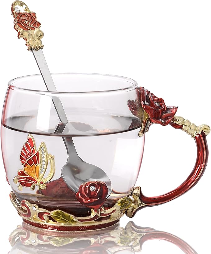 Flower Tea Cup Glass Coffee Mugs with Spoon, Valentines Day Gifts for Wife and Mother, Personalized Gifts for Gift Mother's day, Valentine's Day (11oz) - Bloomnest