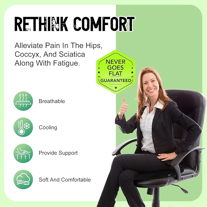Air Fiber Office Chair Cushion - Ergonomic Seat Cushion for Orthopedic Coccyx, Relief Hip & Back Support - Doctor Recommended Cushion for Long Sitting Worker Driver & Handicapped (Black) - Bloomnest