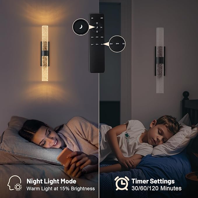 Black Battery Operated Wall Sconce Set of Two,Rechargeable Wireless Wall Lights with Remote Control,350°Rotate,3000K/4000K/6000K,Dimmable,Timer,for Bedroom,Living Room,Hallway,15.3 Inch - Bloomnest
