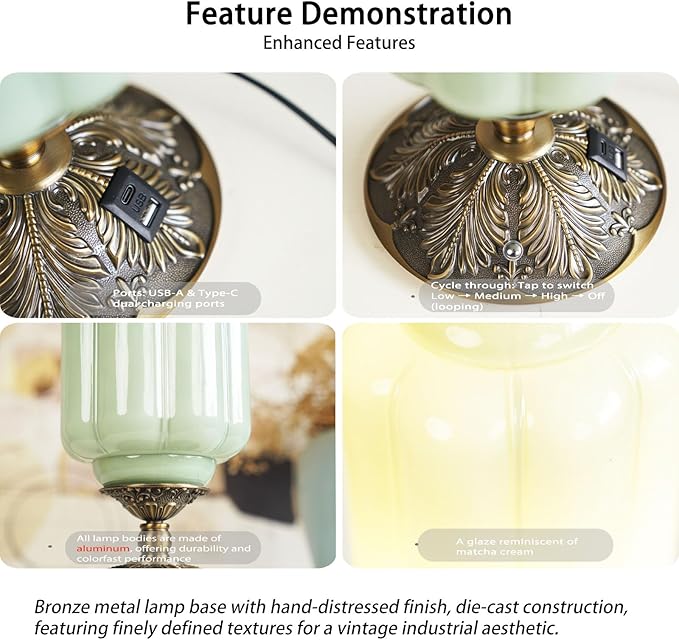 Milk Glass Touch Table Lamp, Elegant Green Jadeite Glass Bedside Desk Lamp 3 Way Dimmable with USB C+A Charging Ports - Bedroom Nightstand & Living Room Essential, 4W Bulb Included (Green, 6.5) - Bloomnest