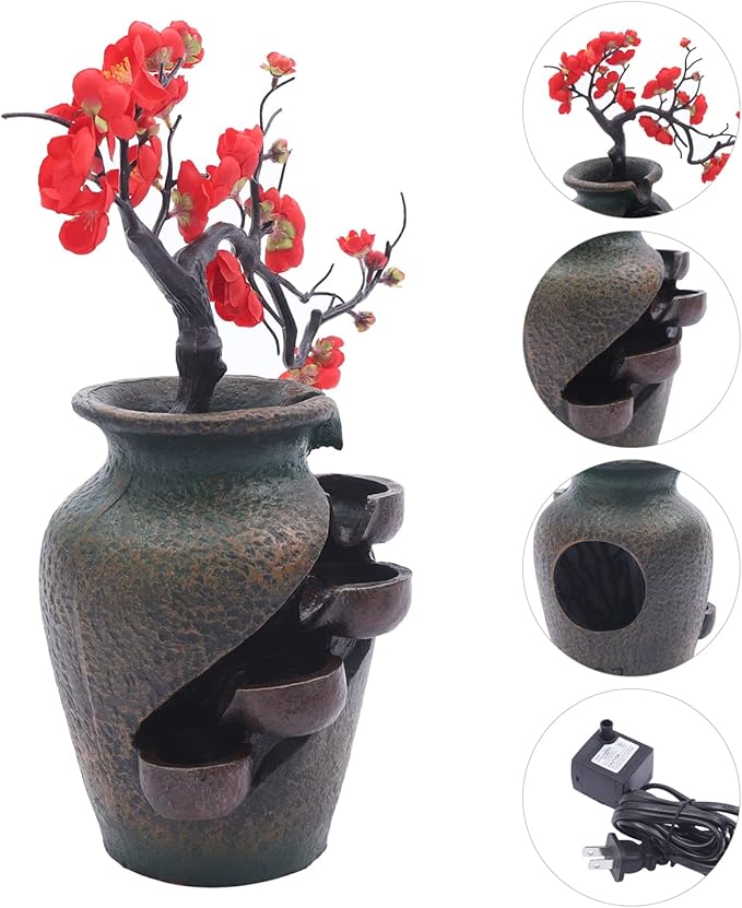 16" Flower Ornament Vase Decorative Bonsai Mini Tabletop Waterfall Fountain Indoor with Water Flow & Artificial Bouquet, Desktop Water Fountains Home Decor - Bloomnest