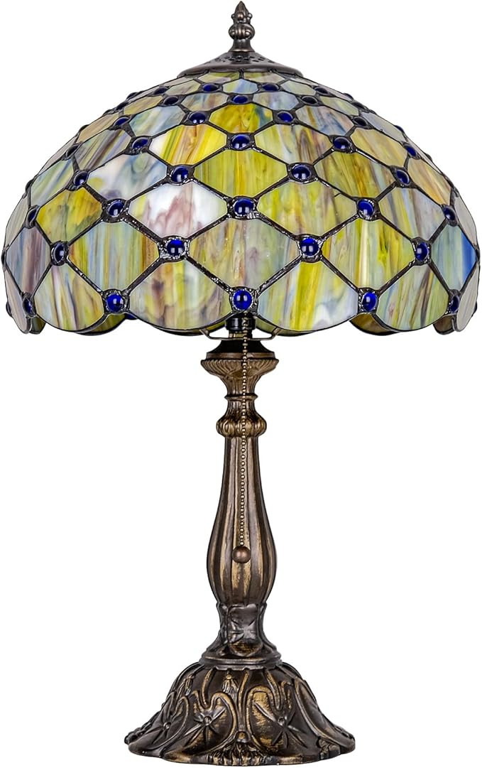 Tiffany Lamp Vintage Gradient Green Stained Glass Bead Table Lamp Desk Bedside Reading Light Decor Bedroom Living Room Home Office D12*H18 Inches (Gradient Green) - Bloomnest