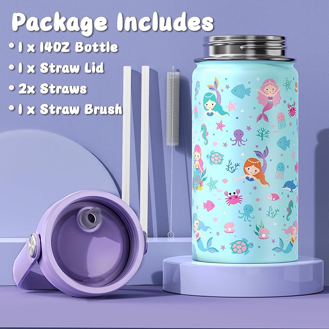 14oz Kids Insulated Water Bottle with Straw Lid - 18/8 Stainless Steel Kid Cup Travel Tumbler Double Wall Vacuum Leak Proof Portable Toddler Water Bottle (Mermaid) - Bloomnest