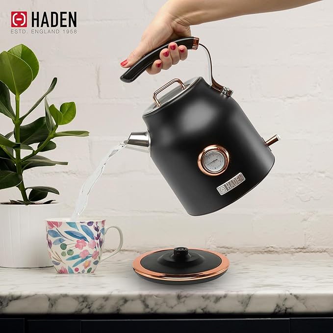Haden Dorset 1.7 Liter Stainless Steel Electric Kettle, Hot Water Kettle with 360-Degree Base and Auto Shutoff, Black & Copper - Bloomnest