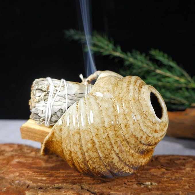 Mini Conch Chiminea Palo Santo Burner - Ceramic Smudging Bowl/Incense Chimney Works with Palo Santo Sticks/Sage/Copal,Tabletop Altar, Thoughtful Gifts for Meditation, Yoga, Aromatherapy - Bloomnest