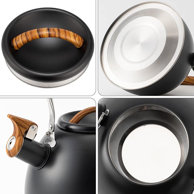 3.2 Quart Whistling Tea Kettle for Stove Top Stainless Steel Tea Pots With Wood Pattern Anti-slip Handle, Black… - Bloomnest