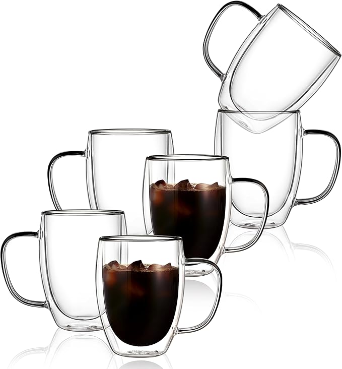 CNGLASS 6 Pack Double Walled Glass Coffee Mugs，12oz Clear Coffee Cups with Handle，Insulated Glass Espresso Mugs for Latte,Cappuccino,Tea - Bloomnest