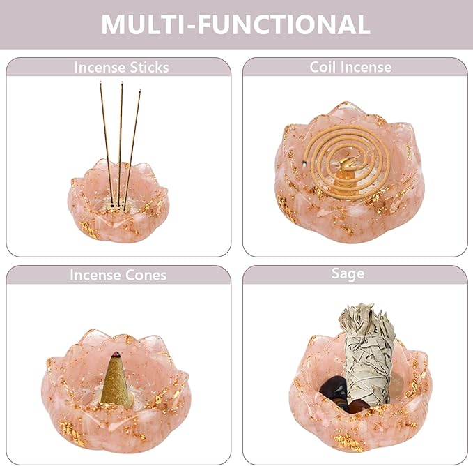 Crystal Lotus Incense Holder Set, Decorative Lotus Flower Decor Bowl 3.15x3.15x1.5 Inch, Incense Sticks Cones Holder with Ash Catcher (Pink)