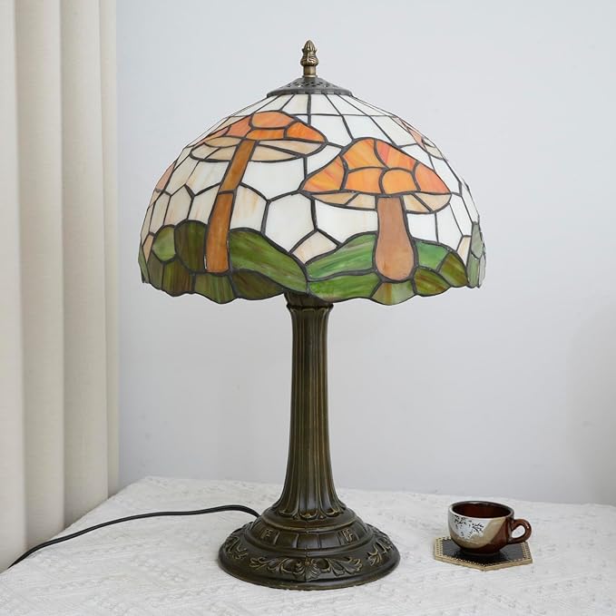 uniquel Vintage Orange mushroom Tiffany lamps Retro Style Stained Glass Table Lamp Cute Aesthetic Bedside Lamp for Bedroom nightstand Night Stand Lighting reading cottage decor desk lamp 12 inch E26 - Bloomnest
