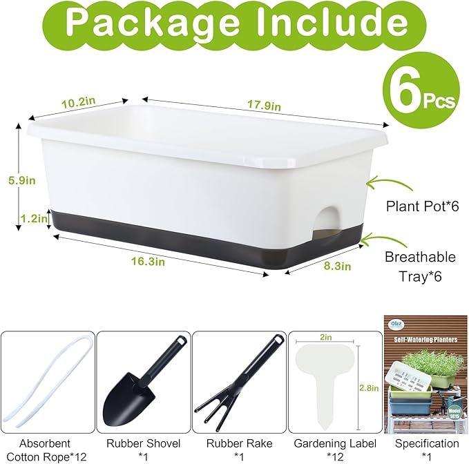 Window Box Planter 6 Pcs, 18 Inches Rectangle Flower Pots with Drainage Holes and Trays, Vegetable Planters for Windowsill Patio Garden Balcony Home Porch Yard Indoor Outdoor (White, 18*10*6 inch) - Bloomnest