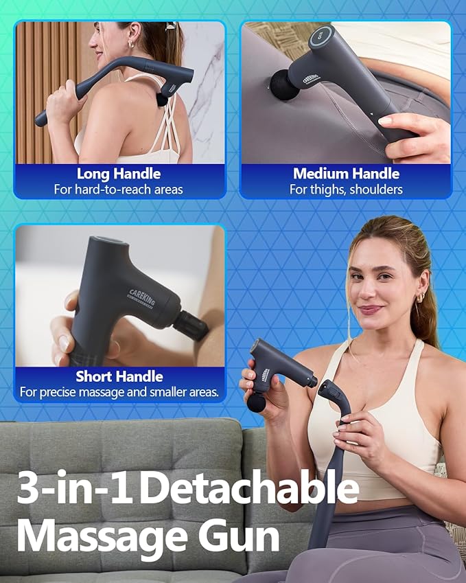 3-in-1 Detachable Massage Gun Deep Tissue, Ergonomic Extension Handle Back Massager for Pain Relief, Portable Percussion Muscle Massager for Shoulder, Thigh, Waist & Neck - Bloomnest