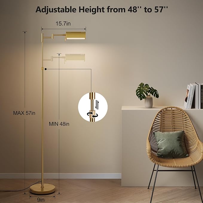 SUNMORY Dimmable LED Pharmacy Floor Lamp, 16W/1500LM Bright Reading Floor Lamp with Remote & Touch Control, 350°Swing Arm, Adjustable Task Craft Standing Lamp for Living Room Bedroom Office, Gold - Bloomnest