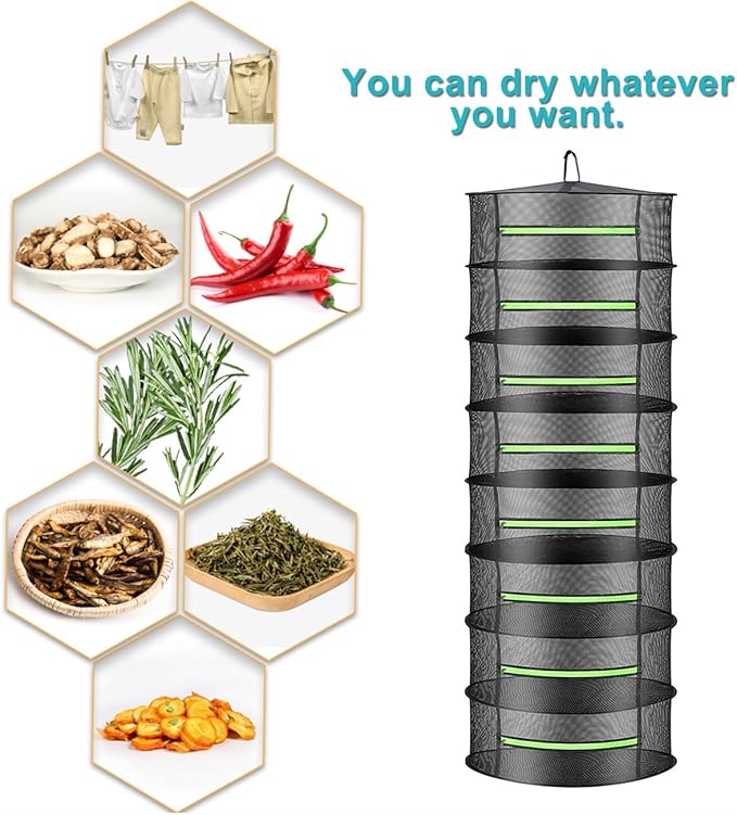 2ft Herb Drying Rack Net Mesh with Green Zippers Hydroponics,Bonus Hook Drying Rack Herbs for Plant Bud Seed, Mesh Hanging Plant Dry,Herb Dry Net for Garden (8 Layer, Zipper Style) - Bloomnest
