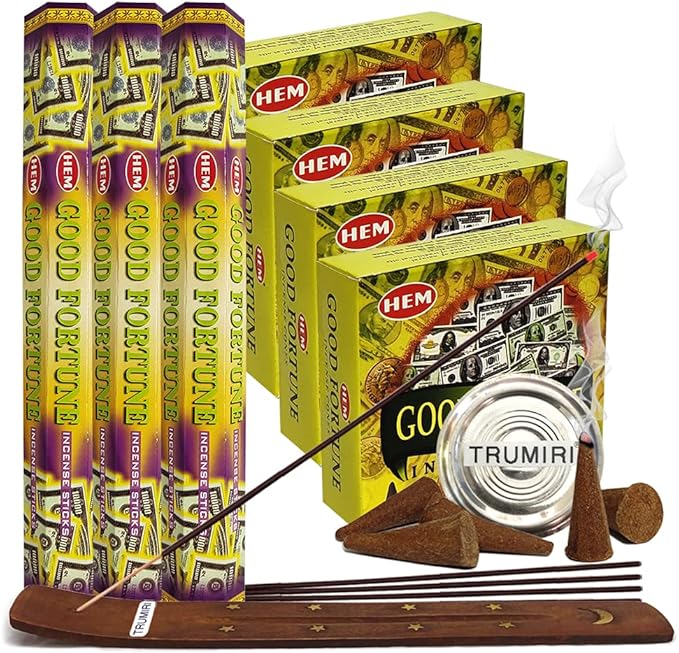 Good Fortune Incense Sticks and Cone Incense Holder Variety Pack Bundle insence insense insienso TRUMIRI