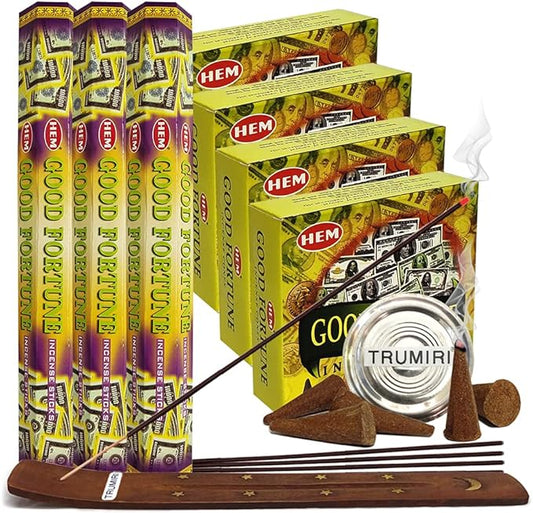 Good Fortune Incense Sticks and Cone Incense Holder Variety Pack Bundle insence insense insienso TRUMIRI