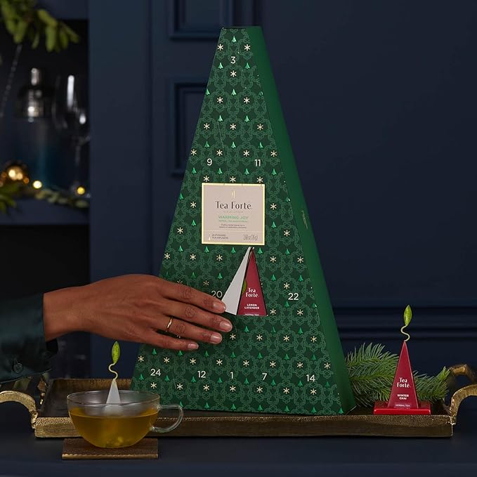 Tea Forte Herbal Tea Advent Calendar Gift Set; 24 Individually Wrapped Handcrafted Assorted Pyramid Infuser Tea Bags with Numbered Doors, Warming Joy (Herbal) - Bloomnest