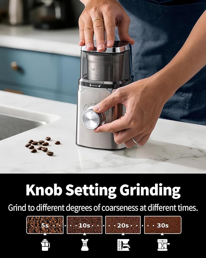 SHARDOR Electric Blade Coffee Grinder, Timed Grind Control Rotary Knob, All-stainless steel shell,Adjustable,for Coffee Beans, Spices & Herbs, with 1 Removable Stainless Steel Bowl,Sliver - Bloomnest
