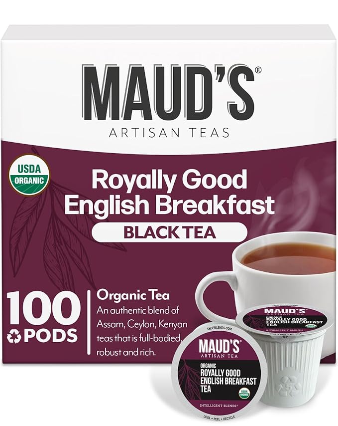 Maud's Organic English Breakfast Black Tea Pods, 100 ct, Recyclable Single Serve Pods – 100% Gourmet Blended Tea Leaves, Compatible with Keurig K Cups Maker - Bloomnest