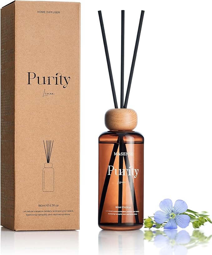 M&SENSE Linen Scent Reed Diffuser | 6.3 fl oz Natural Essential Oil Diffuser with Sticks, Non-Toxic Housewarming Aromatherapy Diffuser Gift for Bathroom & Shelf Decor MSENSE