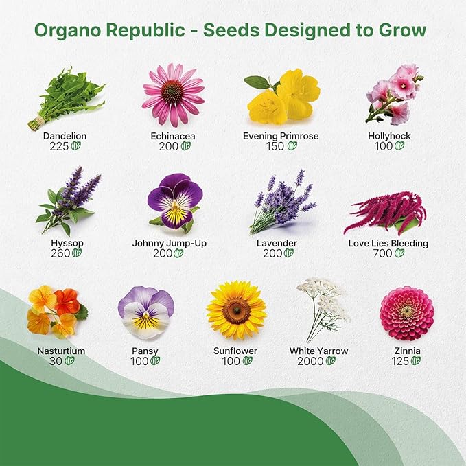 Organo Republic 25 Edible Flower Seeds Variety Pack for Indoor Outdoor Gardening - 8,000+ Non-GMO Heirloom Flower Seeds: Anise, Hyssop, Nasturtium, Pansy, Echinacea, Lavender, Chives & More - Bloomnest
