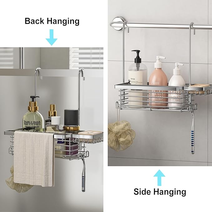 Hanging Shower Caddy, 304 Stainless Steel Shower Organizer with Towel Bar & Hooks, Over Shower Rod, Towel Bar or Glass Panel Storage Basket with Soap Holder, Rustproof Bathroom Caddy, 2 Pack - Bloomnest