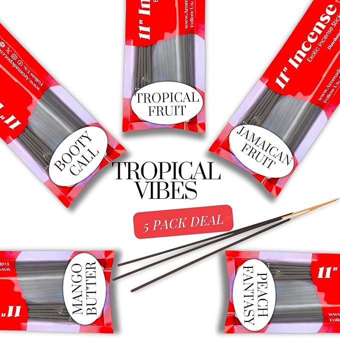 Tropical Vibes 11'' Incense Sticks - Variety Set 500 Pack - 11 inch - 5 Bundles 100 Sticks Per Fragrance Scent. Set Features Booty Call, Jamaican Fruit, Mango Butter, Peach Fantasy, Tropical Fruit AromaDepotInc