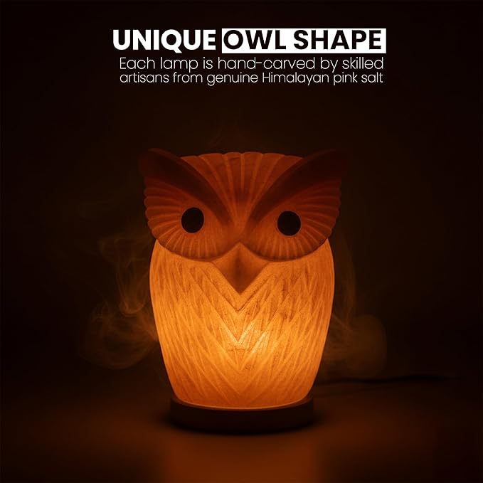 Himalayan Salt Lamp Owl Shape – 7 Inch High, 4.4 lbs, Hand-Crafted Natural Pink Rock Salt Lamp with Wooden Base & Dimmer Cable - Bloomnest