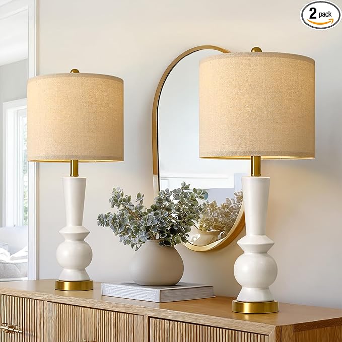 PORTRES 27" Modern Ceramic Table Lamp Set of 2 for Living Room White & Gold Bedside Lamps for Bedroom Nightstand Lamp Tall End Table Lamps - Bloomnest