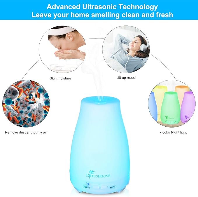 Diffuserlove Essential Oil Diffusers 200ML Remote Control Ultrasonic Mist Humidifiers BPA-Free Aromatherapy Diffuser with 7 Color Lights, Auto Shut-Off for Bedroom Office Kitchen Diffuserlove