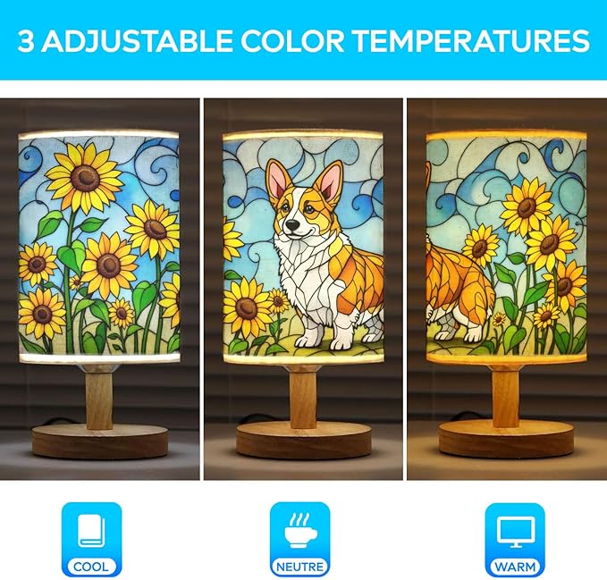 Corgi Table Lamp LED 3-Color Pressed Bedside, Dog Shade Lamp with Wood Base for Bedroom Living Room Desk Office - Bloomnest