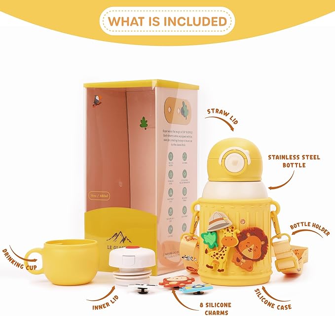 Kids Insulated Tumbler Set – 16oz Stainless Steel Water Bottle with Straw & Pour Lids, Screw-On Cup, Adjustable Strap, Silicone Sleeve & Charms – Leakproof BPA-Free Bottle for Boys & Girls - Bloomnest