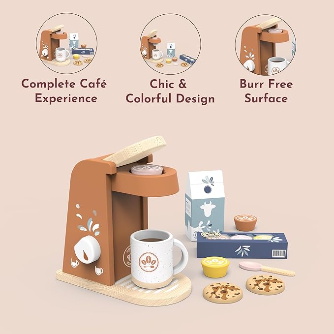 SPEEDY MONKEY Wooden Kids Coffee Machine Playset – FSC Certified Pretend Play Espresso Maker, Barista Role Play Café Set Toy for Toddlers, Boys & Girls, Coffee Grinder with Cups & Kitchen Accessories - Bloomnest