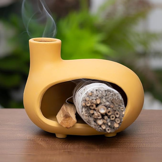 Yellow Palo Santo Holder with Chimney–Mini Fireplace Incense Burner for Sage Burning, Wood Sticks, Cones&Tealights-Handcrafted Ceramic Smudge Bowl,Aromatic Incense Burner-Yoga Meditation Gift - Bloomnest