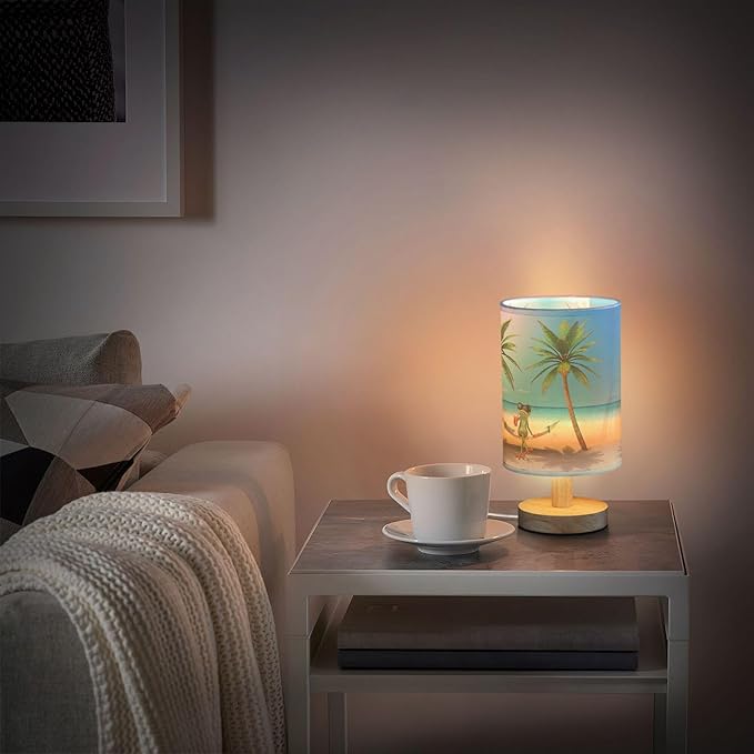 Frog Palm Tree Hammock Table Lamp with Wooden Base and Linen Fabric Shade, Multicolor, 13 cm x 5.12 inches x 9.7 inches, LED, USB, Touch Control, Non-Flashing Warm Light, Indoor Use, 1 Pack - Bloomnest